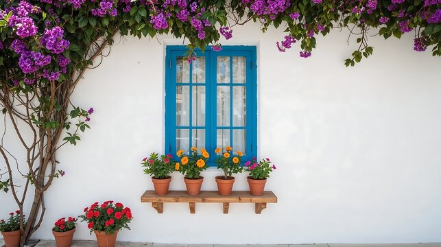 Vibrant Purple Bougainvillea Vines Frame a Bright Blue Window with Orange and Red Flowers in - Powered by Adobe