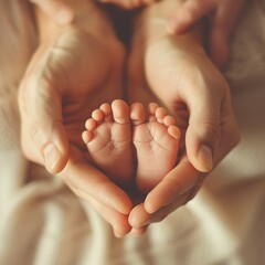 Family bonds strengthen through the tender touch of a newborn's feet held in loving hands at home