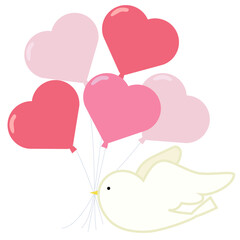 白い鳩とハート風船　ピンク　バルーン　ベクターイラスト