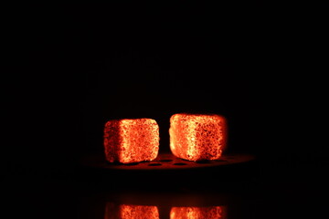 Glowing coals with glitch style lighting, enriched by noise, effect and grain details, create a...