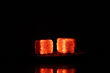 Glowing coals with glitch style lighting, enriched by noise, effect and grain details, create a...