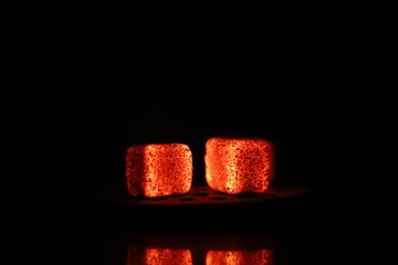 Glowing coals with glitch style lighting, enriched by noise, effect and grain details, create a...