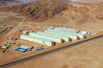 Modular Mining Workers' Camp in the Atacama Desert – Aerial View of Remote Accommodation in...