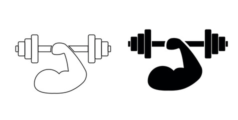 Arm Lifting Dumbbell Vector Icon Set – Bold and Outline Versions for Fitness, Strength, and Gym Graphics