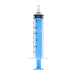 Medical syringe with blue liquid and measurement marks on transparent background