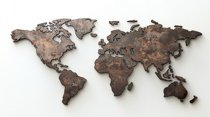 3D render of a metal world map wall decor piece on white background