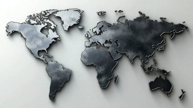 3D render of a metal world map wall decor piece on white background