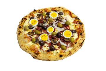 Isolated Brazilian pizza with olives, mushrooms, grated pepperoni, onion, red pepper, oregano and extra virgin olive oil