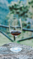 Glass of red wine resting on a blurred rock in a garden