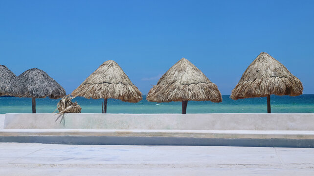 Palapa umbrellas overlooking the turquoise waters of progreso beach
