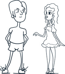 Vector drawing consists of two cartoon characters: a young guy and a girl. They are standing.