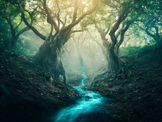 Mystical forest stream with ancient trees.