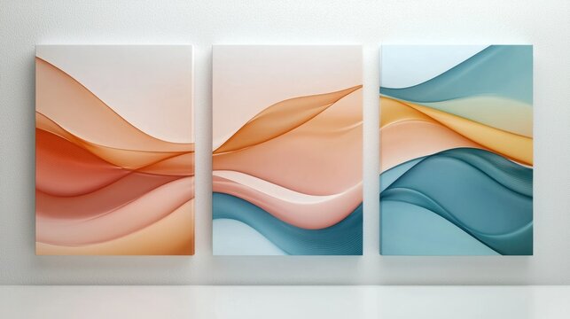 3D render of a modern art triptych canvas set on white background