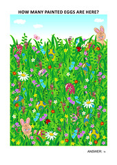 Easter themed page sized visual math puzzle to learn counting with fun: How many painted eggs are here? Answer included.
