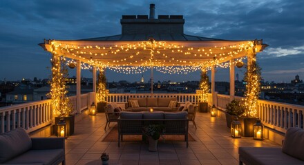 Fototapeta premium Cozy rooftop evening decor with string lights city skyline urban environment night relaxation ambiance
