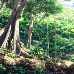 Lush tropical forest scene with towering trees.