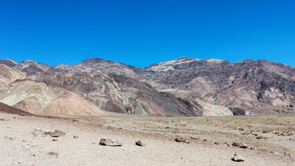 Vast desert landscape showcasing colorful mountain ranges under a clear blue sky in Death Valley National Park