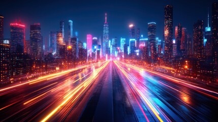 Obraz premium Vibrant city skyline at night, with light trails