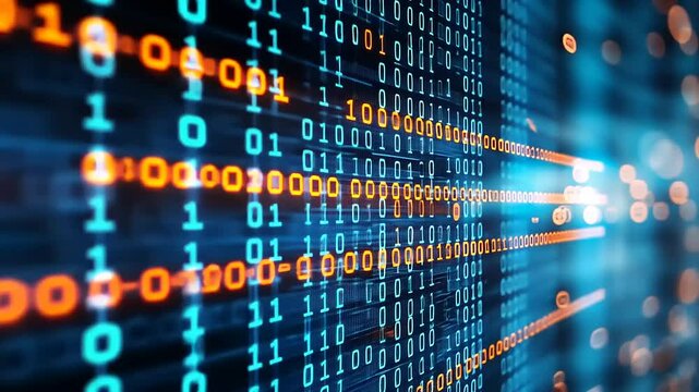 Abstract representation of binary code flowing through a digital landscape with vibrant blue and orange hues