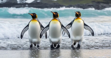 Fototapeta premium Three penguins waddle on a beach, waves crash