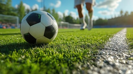 Fototapeta premium Soccer ball on field, player approaching