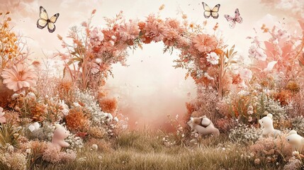 Enchanted Floral Archway with Butterflies and Whimsical Creatures