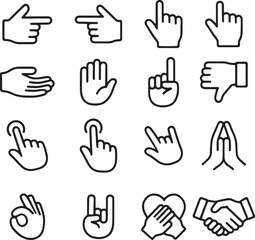 Hand Gestures Icon Set. Pointer Tap OK Pray Rock Handshake Outline.