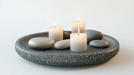 3D render of a small pebble tray with candles on white background
