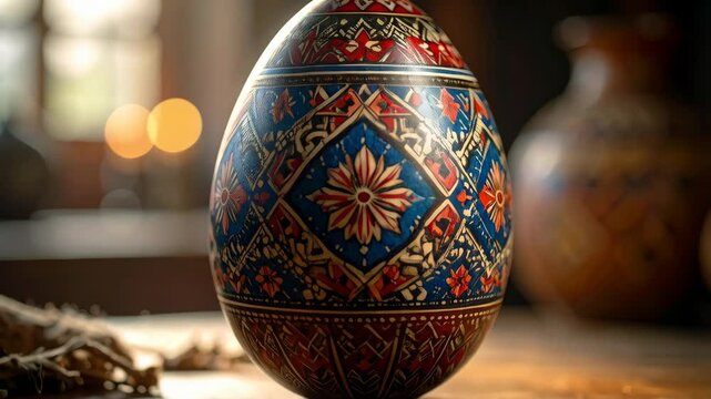 Close-up of a single intricate Easter egg with geometric, floral, and red patterns on a wooden surface with out-of-focus elements.