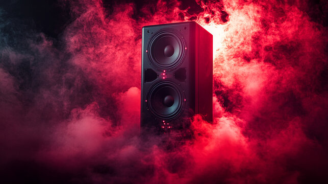Powerful stereo speaker throbbing with bass amid swirling red smoke and dark ambience in dramatic