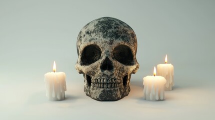 3D render of a spooky Halloween skull with candles on white background