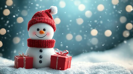 Fototapeta premium Cheerful snowman in red hat and scarf, with Christmas gifts, snowy winter scene. Festive holiday image.