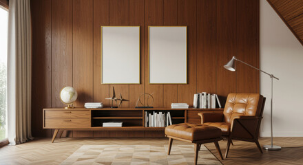 Dual Gold Frame Mockups on Mid-Century Modern Wood Paneled Wall