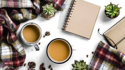 Cozy autumnal arrangement with coffee cups, plaid blanket, succulents and notepad.