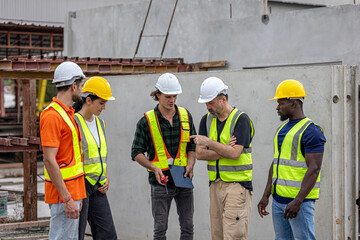 A group of civil engineers from different cultures and ethnicities exchange their ideas in a construction place or factory. People from diverse ethnic backgrounds engaging in meaningful discussions