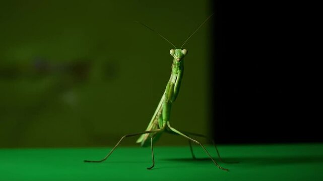 Praying mantis standing tall on a green background, ready to hunt