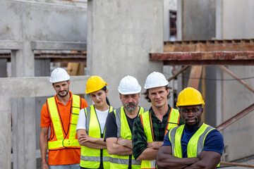 A group of civil engineers from different ethnicities and experiences stands with arms crossed expresses unity, solidarity and confidence in a factory. Inclusivity workers in a construction.