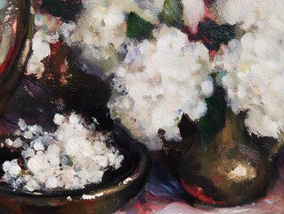 Still life painting of white flowers in dark-toned containers.