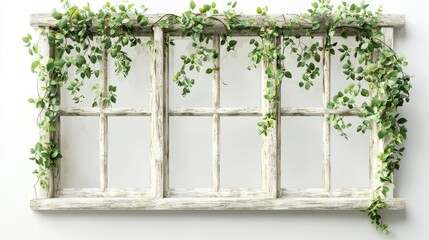 3D render of a vintage window pane wall decor with faux greenery on white background