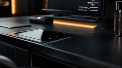 Dark, modern workspace with tablet