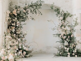 Elegant floral archway adorning a rustic stone wall, perfect for weddings