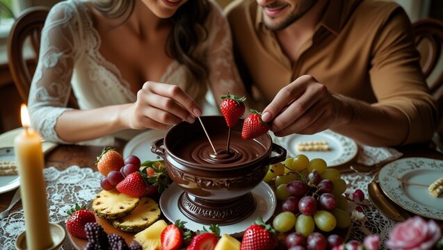 Romantic setting with couple dipping fruits into a steaming chocolate fondue pot