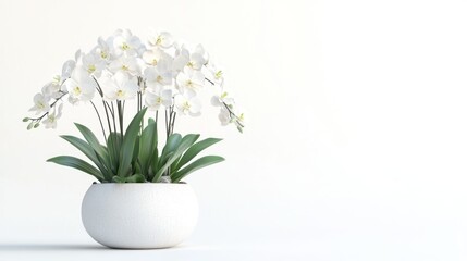 Fototapeta premium 3D render of an artificial orchid arrangement in modern vase on white background