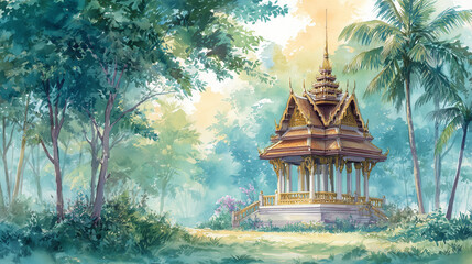 Watercolor painting of a traditional Thai pavilion (sala) with tiered roof and intricate gold ornaments, surrounded by tropical trees, soft sunlight and pastel tones