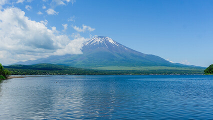 Beautiful scenery of Mount Fuji and the gentle waves on Lake Yamanakako in Yamanashi Prefecture, Japan.