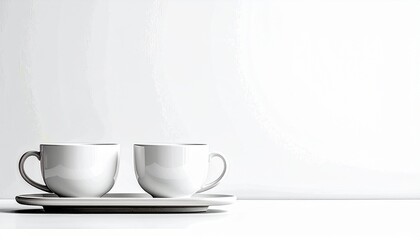Pair of white mugs placed neatly on a tray, isolated on pure white background. Ideal for mockups, caf&eacute; promotions, and product design