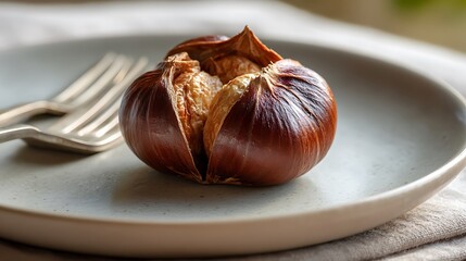 Roasted Garlic Bulb on a Plate with Fork