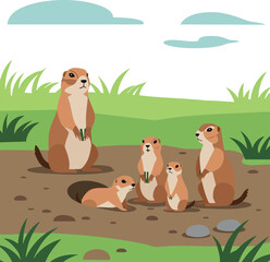 Prairie dog family group in natural habitat with grass and sky vector illustration 
