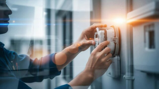 Male technician installing smart meter for electric power. Control and energy saving concept. Electric system in city footage.