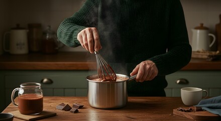 Chocolatier Stirring Melted Chocolate in Saucepan During Professional Preparation